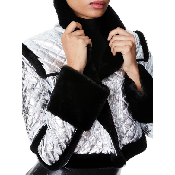 Alice + Olivia Luisana Vegan Leather Quilted Metallic Fur Combo Jacket Coat - Picture 5 of 17